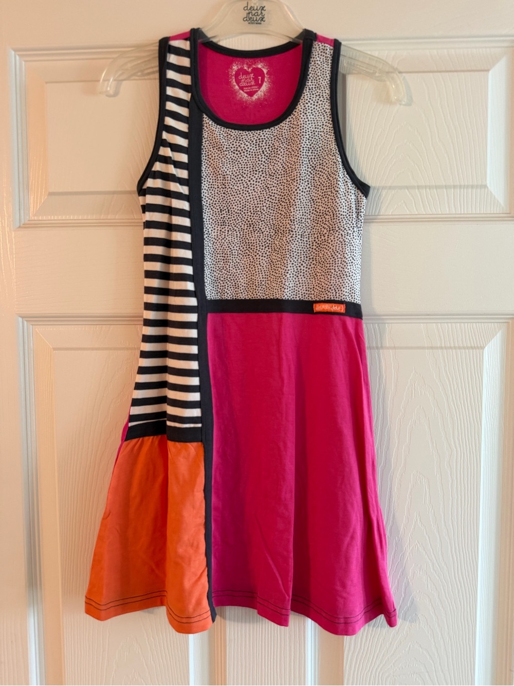 NWT Deux Par Deux Colorblock Dress 7 Bamboo Jersey Pink Orange Stripe Dot